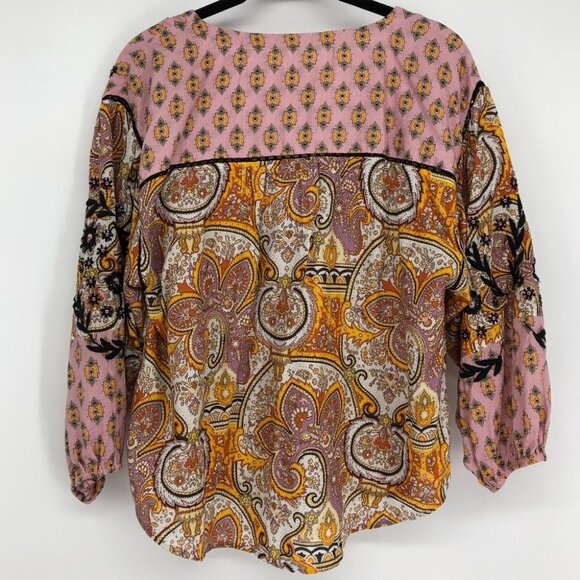 Anthropologie Emma Kayleigh Pink printed tie neck boho balloon sleeve blouse xxs - Picture 3 of 16